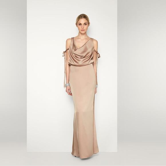 Fame & Partners Libra Satin Draped High Slit Maxi Dress Sz 2 - Picture 1 of 12